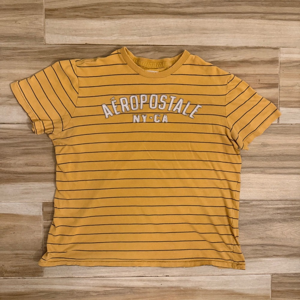 Aeropostale Mens XL Mustard‎ Yellow Striped Short Sleeve Logo T-Shirt NY-CA